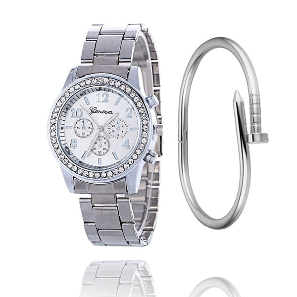 Faux Chronograph Crystals Watch women with Bangles