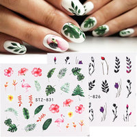 Nail Stickers Green Leaf Flamingo Flowers Feather Water Decals  Manicure